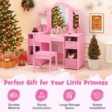COSTWAY Kids Vanity Table & Chair Set, 2-In-1 Princess Pretend Play Makeup Vanity Set W/ 3 Removable Mirrors, 4 Storage Bins For Girls, Makeup Dressing Table & Chair Set With Mirror, Pink - Pink - View 6