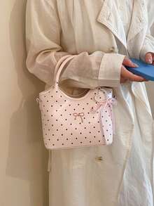 新款女士优雅手提包、单肩包、水桶包,纯色PU材质,饰以波点图案和蝴蝶结,百搭实用,适合外出、购物、约会等各种场合,时尚百搭。 - 粉色 - 查看 8