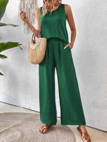 Conjunto de top sin mangas y pantalones de pierna ancha con parte posterior de malla de encaje para mujer, color albaricoque, para primavera/verano - Verde Oscuro - Ver 6