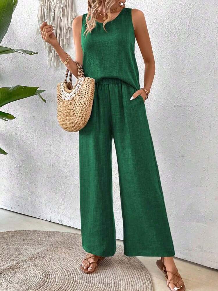 Conjunto de top sin mangas y pantalones de pierna ancha con parte posterior de malla de encaje para mujer, color albaricoque, para primavera/verano - Verde Oscuro - Añade 6
