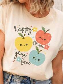 Plus Size 100% Cotton T-Shirt With "Happy To See Your Face" Print, Teacher T-Shirt With Apple, Back To School T-Shirt For Elementary School Teacher, Cute T-Shirt For Kindergarten Teacher, Y2K T-Shirt. - 白色 - 查看 1