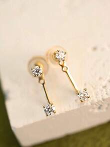 1 Pair Fashionable Minimalist Cubic Zirconia Stud Earrings, Suitable For Girls To Wear Daily, Parties And Various Occasions - Gold - View 3