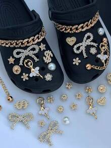 24pcs Luxury Rhinestone Metal Hollow Shoe Charms, Bowknot Star Chain Shoe Clips DIY Accessories - Gold - View 8