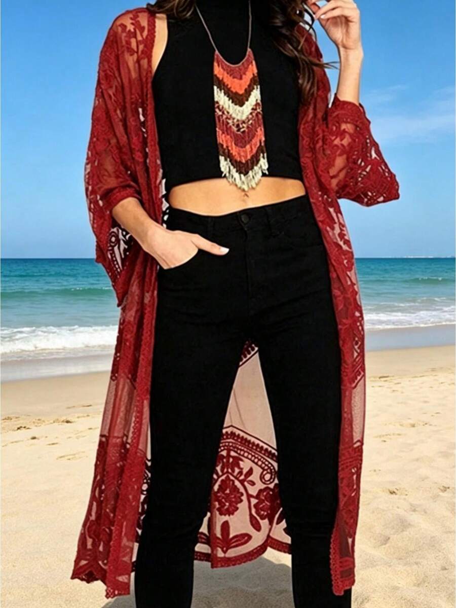 Women Casual Beachwear Cardigan, Solid Color 3/4 Sleeve See-Through Embroidery Flower Cover-UpCoachela Festival Dress Cover Up, Swimsuits For Woman, Bathing Suits For Women,Trajes De Baño Mujer - 酒紅色 - 查看 1