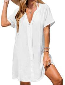Sommer Casual einfaches V-Ausschnitt Hemdkleid Strandüberwurf Kleid - Weiss - Übersicht 3