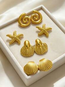 3 Pairs Women's Gold Statement Earrings, A Set Of Thick And Elegant Gold Jewelry, Including Shiny Sun Earrings, Starfish Earrings, Asymmetrical Spiral Earrings, Suitable For Summer Beach Vacation, Exquisite And Graceful Round Earrings, 18K Gold Plated Stainless Steel Earrings - Gold - View 10