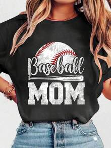 Womens Short Sleeve Round Neck Casual T-Shirt Regular Fit Baseball Mom Graphic Glitter Top - Black - View 13