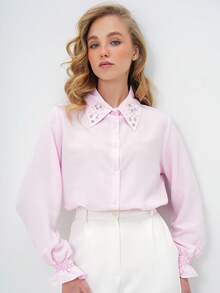 Women Light Pink Button-Up Blouse Designed For Elegant Everyday Styling And Polished Smart-Casual Looks. - Baby Pink - View 6