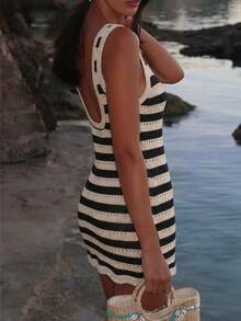 Island Resort Style! Black & White Striped Floral Knit Camisole Dress, Square Neck, Fitted, Bodycon Mini Dress Spring - Black and Khaki - View 3