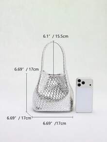 1 chiếc túi xô bằng da PU dập nổi họa tiết thảm cỏ màu bạc bóng, túi xách nữ, phong cách tối giản hiện đại, phù hợp cho đi làm, công sở hoặc đi chơi thường ngày vào mùa hè. - Bạc - Xem 2