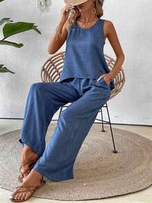Conjunto de top sin mangas y pantalones de pierna ancha con parte posterior de malla de encaje para mujer, color albaricoque, para primavera/verano - Azul - Ver 7