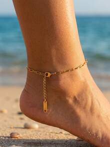 Tobillera con cadena de clip de papel chapada en oro de 18K, joyería para el pie de estilo minimalista y de playa a prueba de agua de acero inoxidable para mujeres - Dorado - Ver 1