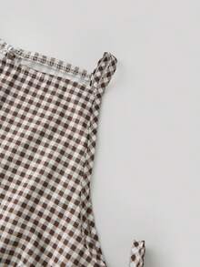 Women's Tie Strap Tank Tops Solid Plaid Pattern Side Ties Sleeveless Spaghetti Straps Camisole for Summer - Café integral - Ver 6