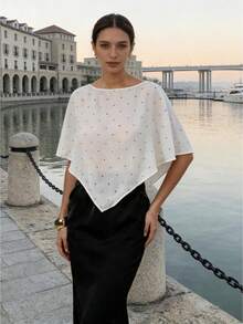 Womens Asymmetrical Poncho Tops Short Sleeve Round Neck Dots Print Loose T-Shirts Blouses - Champán - Ver 1