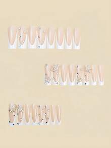 24 unhas postiças longas quadradas com strass em formato de estrela, estilo francês brilhante e moderno. Fáceis de aplicar e com ótima fixação, não danificam as unhas naturais, são removíveis e reutilizáveis. - Branco - Ver 3