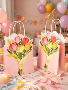 4/8/12 قطعة أكياس هدايا بتصميم زهرة التوليب مع مقابض، أكياس تغليف هدايا ورقية بنقشة زهور وردية، أكياس حلوى بموضوع زهري ربيعي، مستلزمات هدايا حفلات أعياد الميلاد وحفلات الاستقبال والزفاف - متعدد الألوان - مشاهدة 1