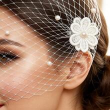 1 pieza Elegante velo de novia con decoración de perlas y flores | Velo de pajarera corto adecuado para fotografía de boda y despedida de soltera | Velo de pajarera blanco vintage con decoración de perlas y flores | Tocado de novia adecuado para boda, baile de graduación y ocasiones especiales - Blanco - Ver 2