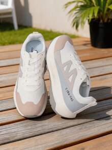 1 Paar Damen Weiß & Grau Farbblock Mesh Sneaker, Schnürung, bequeme & vielseitige Lässig Schuhe - Beige - Übersicht 3
