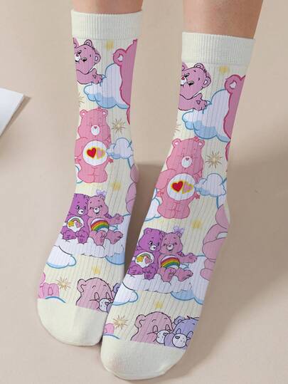  1 Pair Care Bears Women's Personalized Socks, 360 Degree Digital Printing With Interesting Cheer Bear, Wish Bear, Heart Bear, Angel Bear, Grumpy Bear And More, Fashion Minimalist, Suitable For Daily Wear And Graduation/Birthday Gifts