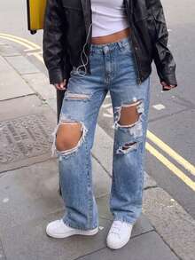 Quần jeans ống đứng màu xanh nhạt bạc màu, kiểu vintage dành cho nữ, thích hợp mặc thường ngày. - Màu xanh nhạt - Xem 2