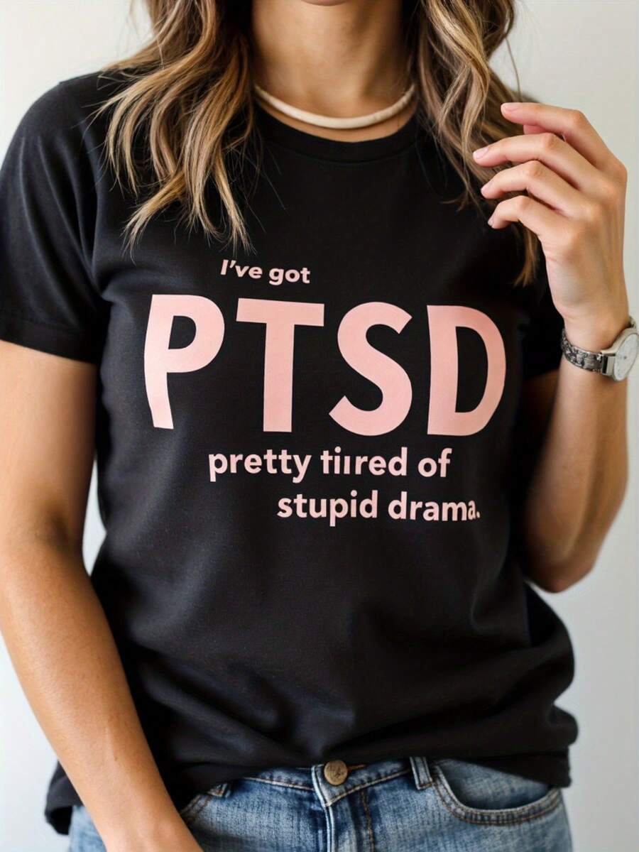 PD Mental Health Awareness T-Shirt - PD Letter Print And "Tired Of Stupid Drama" Slogan, Soft Pink And Black A-Line Casual Short Sleeve Top For Trauma Survivors, Comfortable Everyday Wear - 黑色 - 查看 1