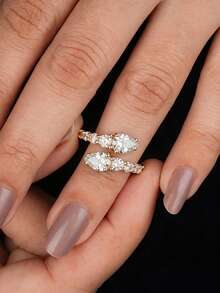 1pc Shiny Pear-Shaped Open Ring, 925 Sterling Silver, Elegant Luxurious Romantic Ladies Ring, Exquisite Unique Design, Adjustable, Suitable For Balls, Parties And Other Occasions, Delicate Jewelry Gift For Women - Pear Shaped Diamond Open Ring - View 2