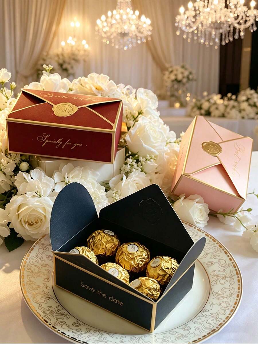 Bộ 10 hộp kẹo cưới kiểu phong bì, hộp giấy cao cấp viền vàng dập nổi, bao bì bảo quản sô cô la lâu bền, quà lưu niệm cho khách mời đám cưới, đồ dùng cho tiệc cô dâu và tiệc đính hôn. - 10,5*7*3,5cm - Xem 1