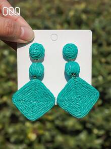 OOQ 1 Pair Minimalist Geometric Rhombus Raffia Earrings, Sexy & Fashionable For Holidays, Parties, Daily Wear, Suitable Gift For Loved Ones (Handmade Raffia Weaving, Shape & Direction Random) - Green - View 2