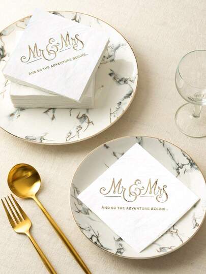 Wedding Disposable Napkins, Mr & Mrs Napkins, Elegant Light Luxury Disposable Napkins, Gold-Stamped 10x10inch Napkins, Wedding Party Table Decor Paper Napkins For Restaurant, Hotel, Dinner, Party