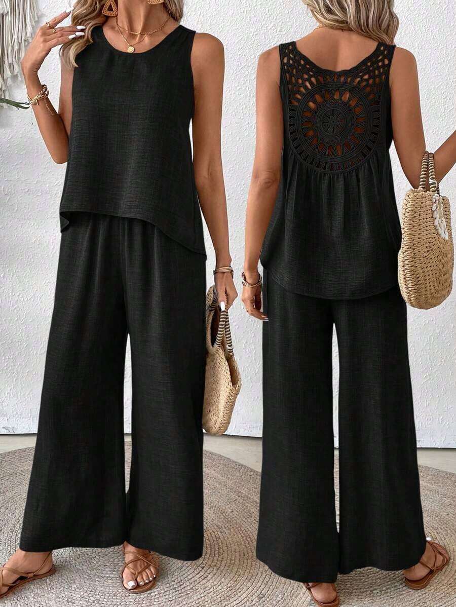 Conjunto de top sin mangas y pantalones de pierna ancha con parte posterior de malla de encaje para mujer, color albaricoque, para primavera/verano - Negro - Ver 1