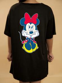 Disney Minnie Mouse Graphic Print Short Sleeve T-Shirt Dress, Front & Back Prints, Round Neck With Slight Stretch, Suitable For Daily Wear, Women's Short Sleeve Dress, Ladies T-Shirt Dress, Fashionable Casual T-Shirt Dress - Black - View 2