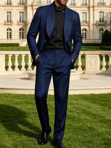 Men's TR Fabric Large Lapel 2-Piece Tuxedo Suit Jacket & Trousers, Fashionable Formal Wear, Comfortable For Wedding, Evening Party, Event, Holiday Celebration, All Season - Navy Blue - View 3
