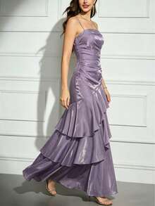 Vestido de Festa Elegante Feminino para Formatura com Babados em Camadas, Estilo Vintage, Ajuste Slim, Alças Finas, Vestido de Gala para Convidada de Casamento e Festa Formal - Lavanda - Visão 8