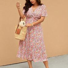Elaquor Plus Size Women Ditsy Floral Pleated Short Sleeve Casual Vacation Dress,Summer Dresses For Women - Multicolor - Ver 3