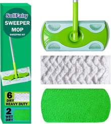 Sweeper Mop, Dry &Amp; Wet 2-In-1 Floor Mopping And Sweeping Kit, Includes 51" Sweeper Handle, 6 Heavy Duty Dry Cloths, 2 Reusable Wet &Amp; Dry Pads For  Sweeper, Dust Mop - White - 查看 1