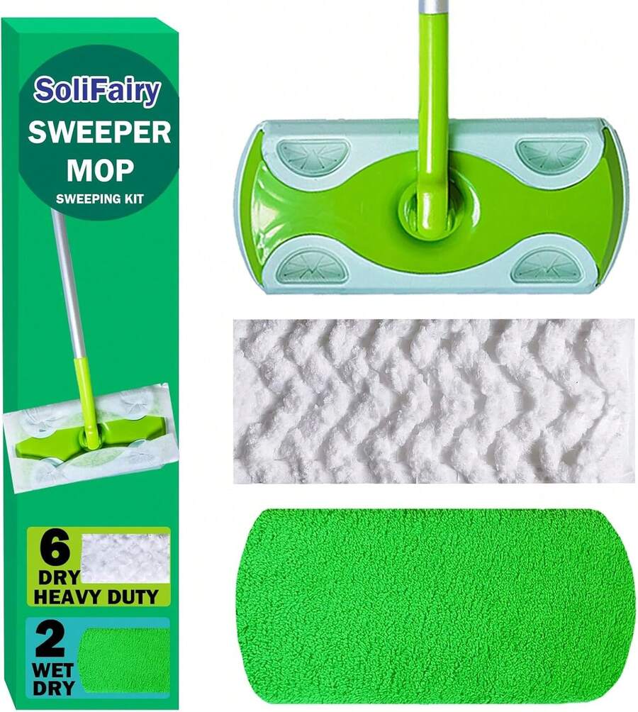 Sweeper Mop, Dry &Amp; Wet 2-In-1 Floor Mopping And Sweeping Kit, Includes 51" Sweeper Handle, 6 Heavy Duty Dry Cloths, 2 Reusable Wet &Amp; Dry Pads For Sweeper, Dust Mop - White - 查看 1