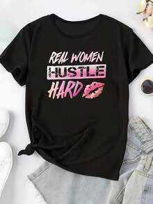 Camiseta de Talla Grande con Estampado de Letras - Negro - Ver 6