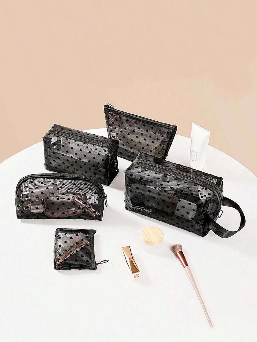 Sac cosmétique en maille noire avec imprimé cœur, organisateur de toilette de voyage transparent avec fermeture éclair, sac à maquillage portable de tailles multiples pour les voyages, le camping, le rangement des cosmétiques et des articles de toilette - Noir - Voir 1