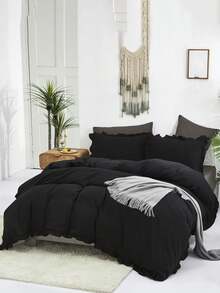 Set 3 pcs Sarung Selimut Lembut Berumbai Warna Hitam Krem (1*Sarung Selimut + 2*Sarung Bantal), Cocok Untuk Kamar Tidur & Kamar Tamu, Sepanjang Musim, Dapat Dicuci dengan Mesin - Hitam - View 2