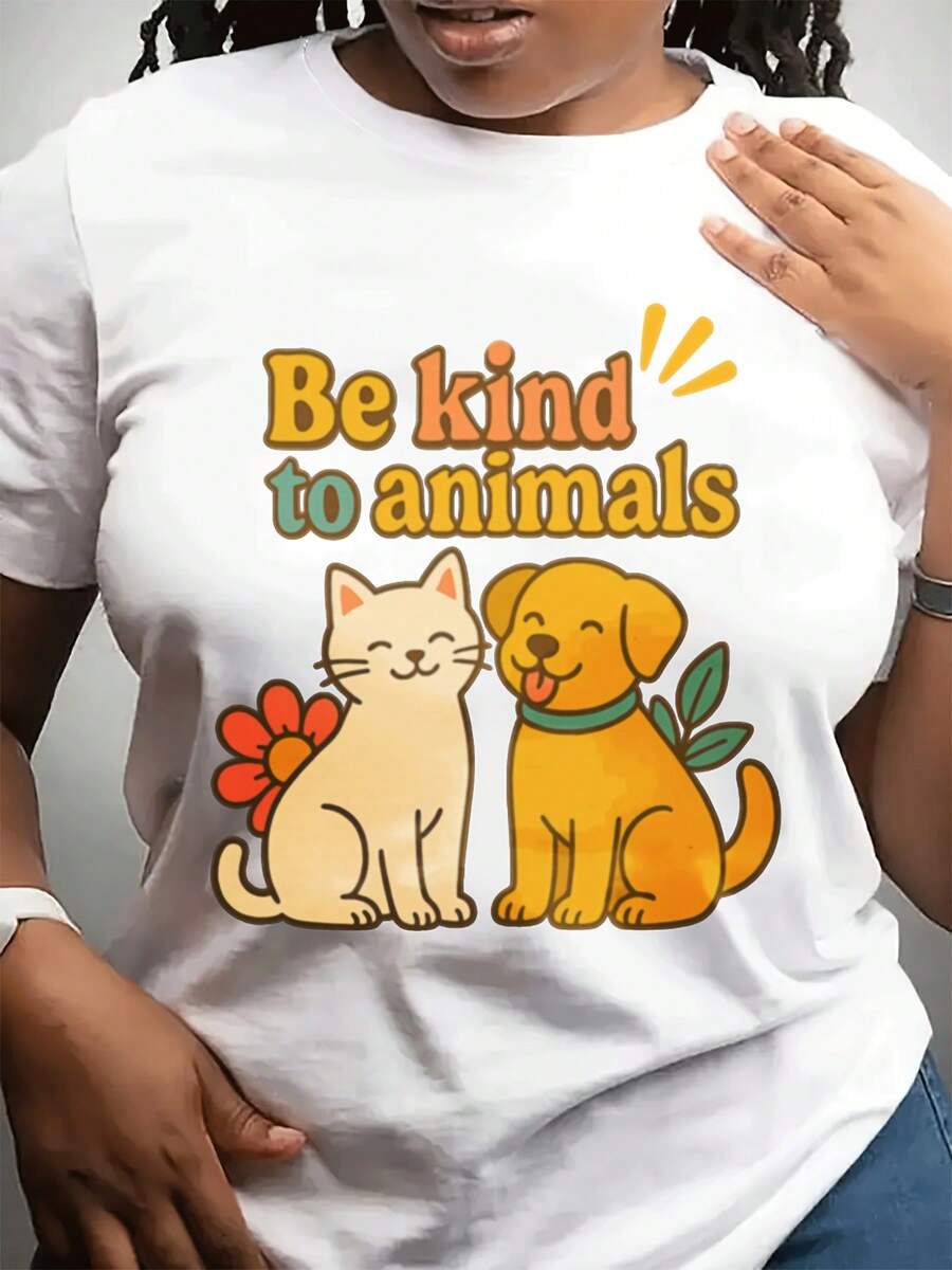 Camiseta casual de moda cuello redondo de la mujer del día de la madre | Sved corto, tejido estirable ligero, diseño de gato y perro con patrones geométricos, yo para Dailpor y regalos