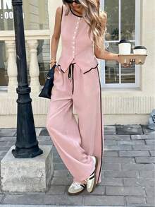 Women's Color Block Trim 2-Piece Outfit, Sleeveless Button Vest And Wide Leg Pants Set - 粉紅色 - 查看 1