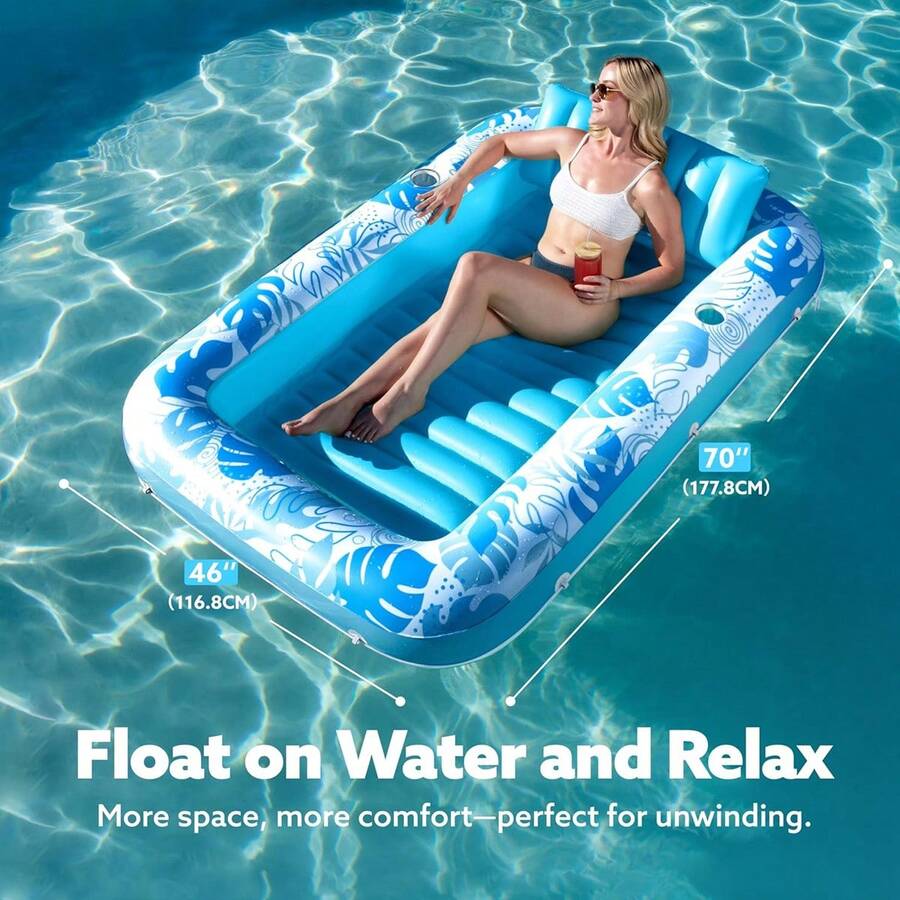 1 PC Super Large Inflatable Sunbathing Pool Lounge Chair Float - 4-In-1 Sunbathing Bathtub, Raft, Float And Sunbathing Bed, Adult Pillow, Durable Blue Outdoor Summer Pool Float For Ball Pit Parties And Water Fun, Inflatable Pool Float, Vibrant Design, Sturdy Structure