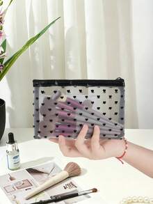 1pc Handless Black Heart Print Mesh Makeup Bag, See-Through Zipper Design Portable Brush Holder Pouch, Ins Style - Multicolor - View 5