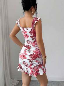 Vestido con volantes en el bajo y hombros descubiertos con estampado de lunares vintage, elegante y sexy vestido de verano con estampado floral pequeño y espalda descubierta al estilo francés - Rojo 2 - Ver 2