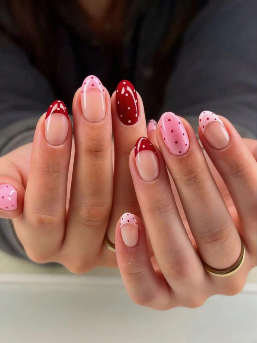 Bộ 30 móng giả ngắn hình bầu dục chấm bi, bao gồm 1 lọ sơn gel và 1 dũa móng, móng giả chấm bi ngắn giúp đầu ngón tay bạn tỏa sáng rực rỡ, phù hợp cho các bữa tiệc, khiêu vũ và sử dụng hàng ngày. - Hồng - Xem 1