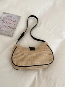 时尚纯色金属链条草编新月形手提包，女士多功能托特包，沙滩包，休闲草编包，女士手机包 - 黑色 - 查看 10