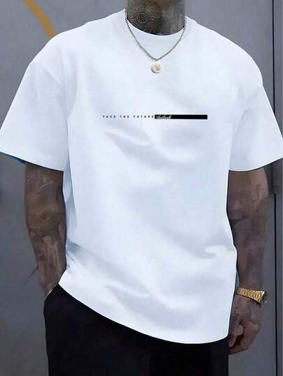 Men's Simple Letter & Striped Print Round Neck Short Sleeve Casual-Shirt