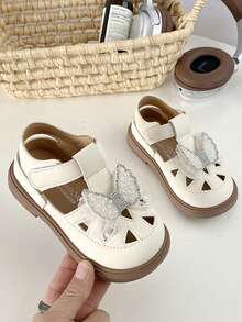 1 Pair Children's Flat Sandals, Girls' Flat Sandals, PU Upper With Bow Decor, Hook And Loop Closure, Lightweight Sole, Suitable For Casual, Outdoor, Party, School, Spring, Summer, Autumn - Beige - View 12