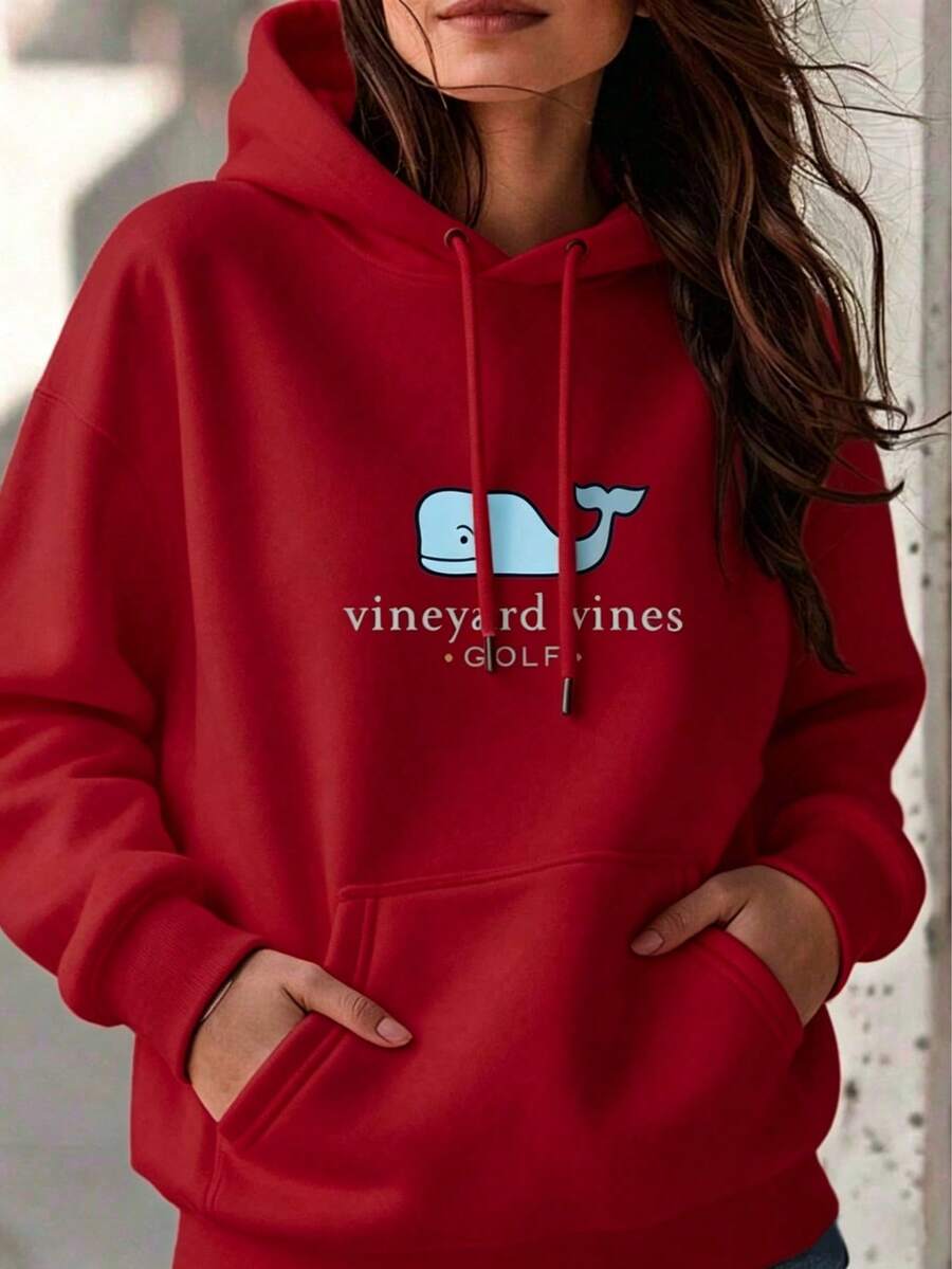 Whale Vineyard Vines Golf Pattern Hoodie Apparel Print Graphic Print Long Sleeve Drawstring Fleece Hoodie Pullover Pocket Sweatshirt For Women, Casual Oversized Long Sleeve Fashion Streetwear Pullover Black White Options, Winter Clothes, Suitable For Parties, Outdoor Activities, And Leisure - 紅色 - 查看 1
