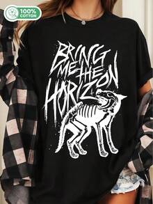 Brings Me The Horizon BMTH Skeleton Wolf Logo T-Shirt, Metalcore Band Black Graphic Tee, 100% Cotton Casual Unisex Top - 黑色 - 查看 6